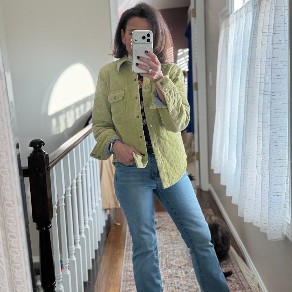 Cabi Quilted Corduroy Shacket Jacket Green Snap Front